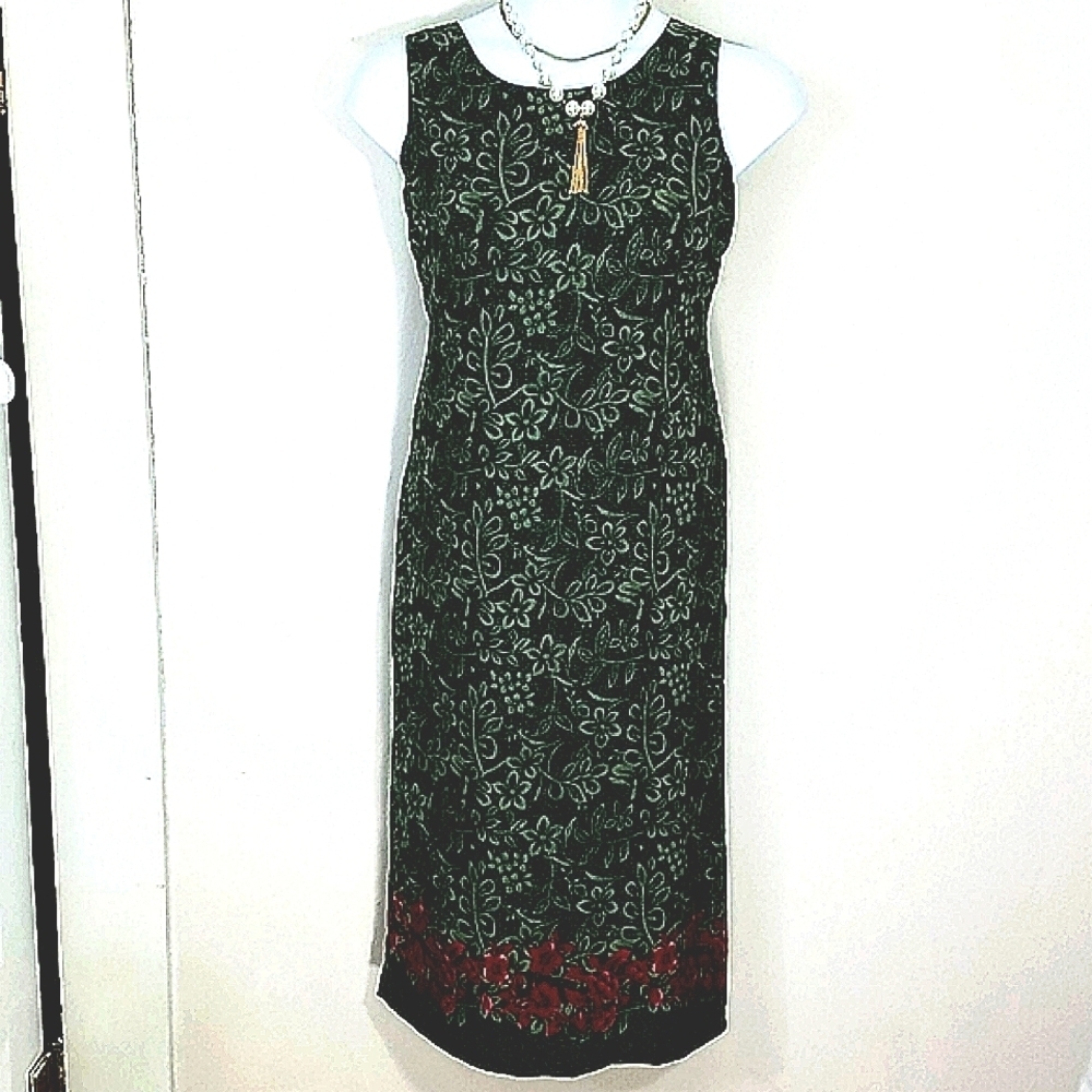 Sundress Maxi Sheath floral Leaf print zippered red trim Forest Fairycore Grunge